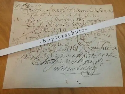 Hafenschein Barth / Stralsund - 1761 - Mecklenburg , mit Signatur v. Kapitän , mit Angabe zu Schiff und Ladung !!!