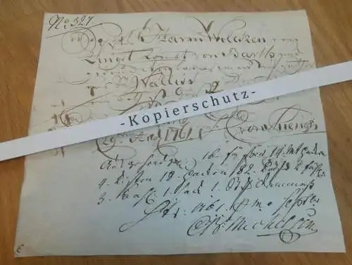 Hafenschein Zingst / Stralsund - 1761 - Barth , Mecklenburg , mit Signatur v. Kapitän , mit Angabe zu Schiff und Ladung