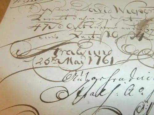 Hafenschein Fehmarn / Stralsund - 1761 - Mecklenburg , mit Signatur v. Kapitän , mit Angabe zu Schiff und Ladung !!!