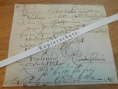 Hafenschein Wollin / Stralsund - 1761 - Mecklenburg , mit Signatur v. Kapitän , mit Angabe zu Schiff und Ladung !!!