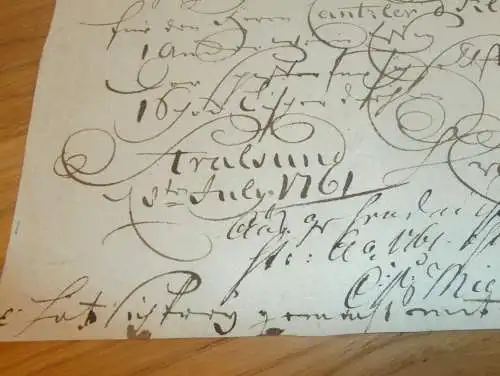 Hafenschein Wollin / Stralsund - 1761 - Mecklenburg , mit Signatur v. Kapitän , mit Angabe zu Schiff und Ladung !!!