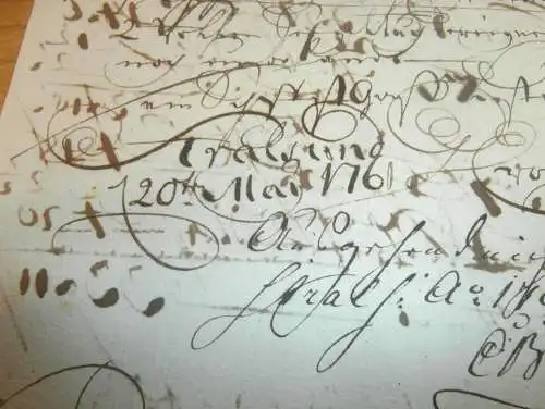 Hafenschein Barth / Stralsund - 1761 - Riga ,Mecklenburg , mit Signatur v. Kapitän , mit Angabe zu Schiff und Ladung !!!