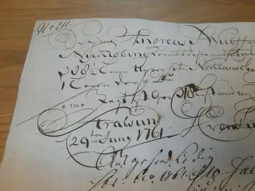 Hafenschein Nyköping / Stralsund - 1761 - Mecklenburg ,mit Signatur v. Kapitän , mit Angabe zu Schiff und Ladung !!!
