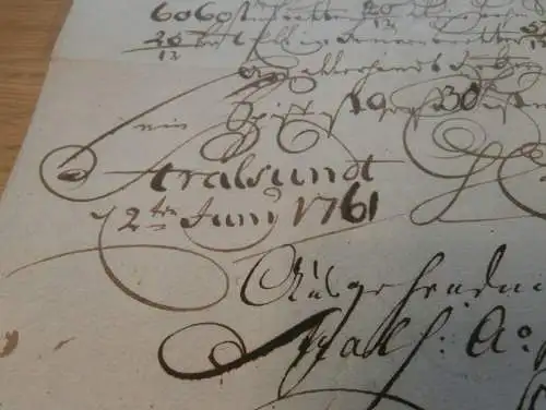 Hafenschein Neustadt i. Holst / Stralsund - 1761 - Mecklenburg ,mit Signatur v. Kapitän ,mit Angabe zu Schiff und Ladung