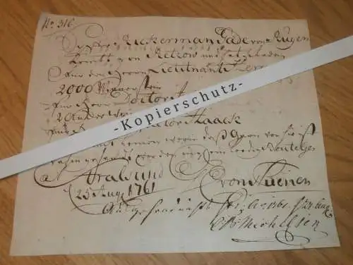 Hafenschein Rügen / Stralsund - 1761 - Retzow , Mecklenburg ,mit Signatur v. Kapitän , mit Angabe zu Schiff und Ladung !