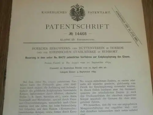 original Patent - Bergwerk- und Hüttenverein in Hoerde , Stahlwerk Ruhrort , 27.04.1880 , Entphosphorung von Eisen !!