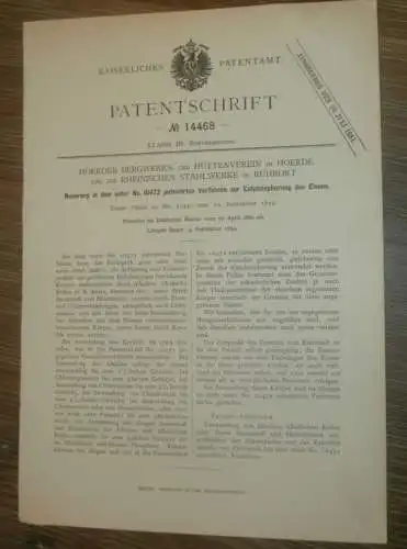 original Patent - Bergwerk- und Hüttenverein in Hoerde , Stahlwerk Ruhrort , 27.04.1880 , Entphosphorung von Eisen !!