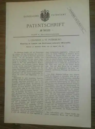 original Patent - L. Chandor in St. Petersburg / Russland , 22.08.1885 , Lampen für Kaukasus - Öle  !!