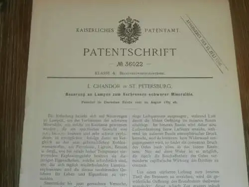 original Patent - L. Chandor in St. Petersburg / Russland , 22.08.1885 , Lampen für Kaukasus - Öle  !!