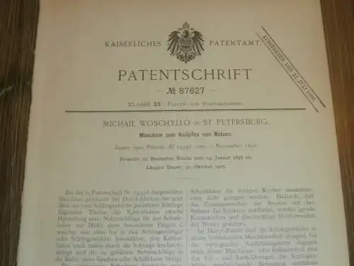 original Patent - Michail Woschyllo in St. Petersburg / Russland , 14.01.1896 , Maschine zum Knüpfen für Netze !!