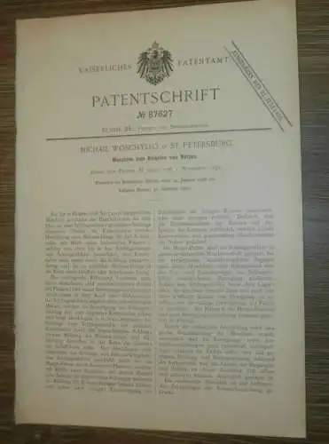 original Patent - Michail Woschyllo in St. Petersburg / Russland , 14.01.1896 , Maschine zum Knüpfen für Netze !!