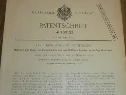 original Patent - Karl Harnisch in St. Petersburg / Russland , 30.07.1897 , Maschine für Zigaretten , Tabak !!