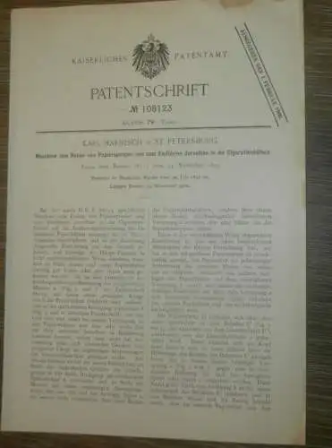 original Patent - Karl Harnisch in St. Petersburg / Russland , 30.07.1897 , Maschine für Zigaretten , Tabak !!