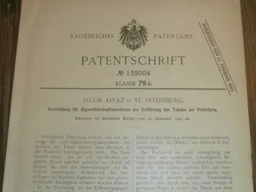 original Patent - Jacob Aviaz in St. Petersburg / Russland , 30.12.1900 , Zigaretten-Stopfmaschine , Tabak !!