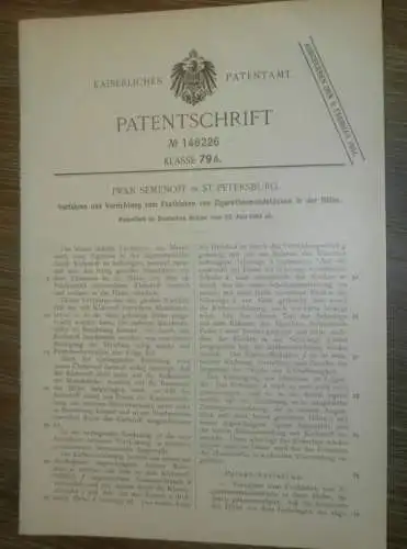 original Patent - Iwan Semenoff in St. Petersburg / Russland , 23.06.1903 , Zigaretten-Mundstück !!