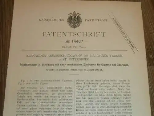 original Patent - Alexander Krschischanowsky und Matthäus Terner in St. Petersburg / Russland , 25.01.1881 , Cigarren !!