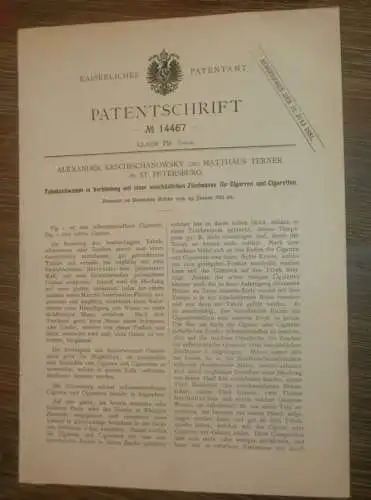 original Patent - Alexander Krschischanowsky und Matthäus Terner in St. Petersburg / Russland , 25.01.1881 , Cigarren !!