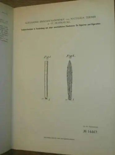 original Patent - Alexander Krschischanowsky und Matthäus Terner in St. Petersburg / Russland , 25.01.1881 , Cigarren !!