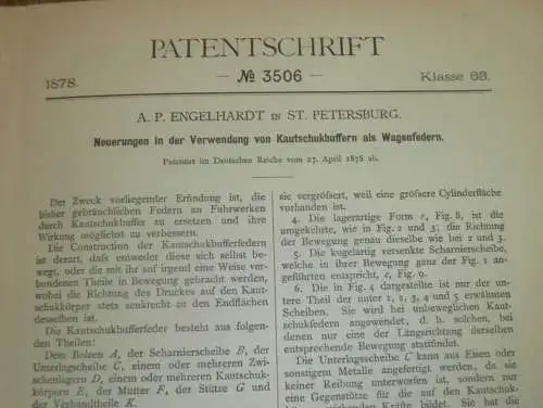 original Patent - A.P. Engelhardt in St. Petersburg / Russland , 27.04.1878 , Feder für Kutsche , Wagenbau !!