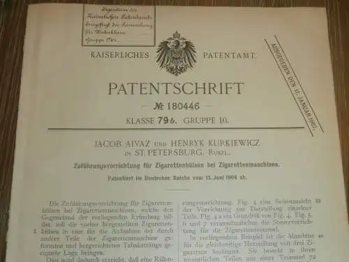 original Patent - Jacob Aivaz und Henryk Kurkiewicz in St. Petersburg / Russland , 12.06.1904 , Zigaretten-Maschine !!