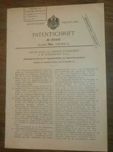 original Patent - Jacob Aivaz und Henryk Kurkiewicz in St. Petersburg / Russland , 12.06.1904 , Zigaretten-Maschine !!