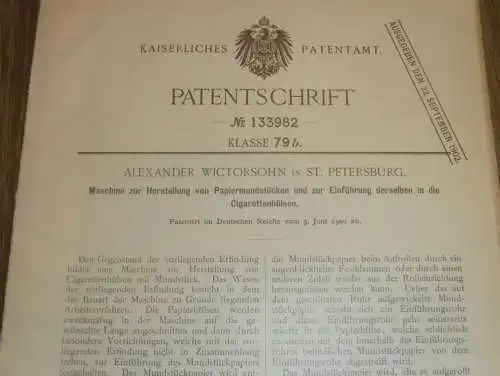 original Patent - Alexander Wictorsohn in in St. Petersburg / Russland , 3.06.1900 , Maschine für Zigaretten !!