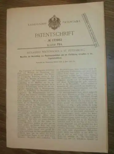 original Patent - Alexander Wictorsohn in in St. Petersburg / Russland , 3.06.1900 , Maschine für Zigaretten !!