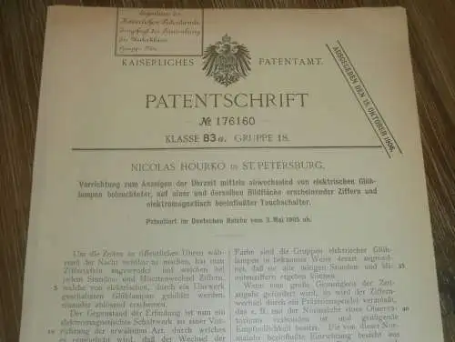 original Patent - Nicolas Hourko in in St. Petersburg / Russland , 3.05.1905 , Uhrzeit-Anzeiger , Uhr !!