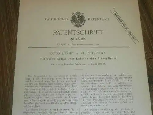 original Patent - Otto Lippert in in St. Petersburg / Russland , 10.08.1887 , Petroleum - Laterne , Lampe !!