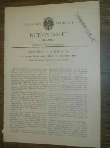 original Patent - Otto Lippert in in St. Petersburg / Russland , 10.08.1887 , Petroleum - Laterne , Lampe !!