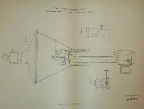 original Patent - Otto Lippert in in St. Petersburg / Russland , 10.08.1887 , Petroleum - Laterne , Lampe !!