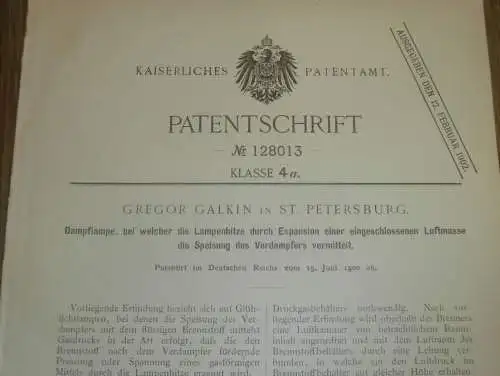 original Patent - Gregor Galkin in St. Petersburg / Russland , 15.06.1900 , Dampflampe , Lampe !!