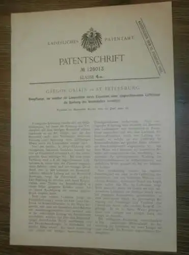 original Patent - Gregor Galkin in St. Petersburg / Russland , 15.06.1900 , Dampflampe , Lampe !!