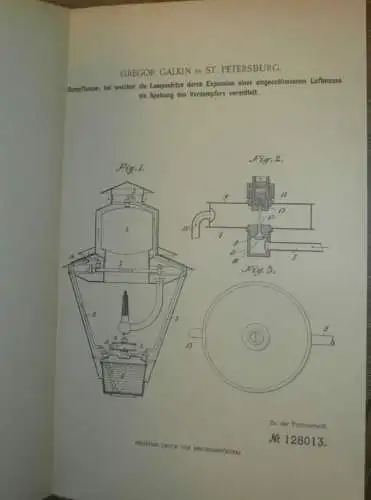 original Patent - Gregor Galkin in St. Petersburg / Russland , 15.06.1900 , Dampflampe , Lampe !!