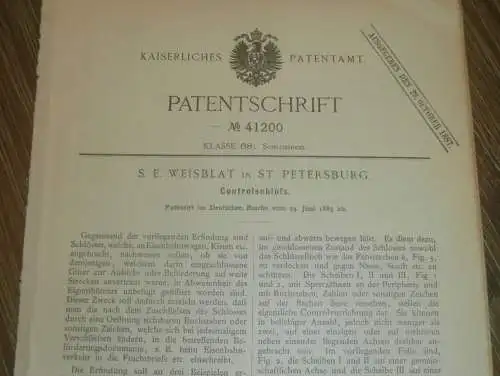 original Patent - S. Weisblatt in St. Petersburg / Russland , 24.06.1885 , Controlschloss , Schloss , Eisenbahn !!