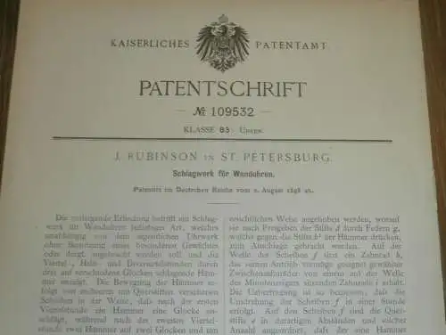 original Patent - J. Rubinson in St. Petersburg / Russland , 2.08.1898 , Schlagwerk für Wanduhr , Uhr , Kuckucksuhr !!