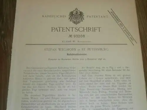 original Patent - Stefan Weghorn in St. Petersburg / Russland , 5.12.1896 , Notizblock-Kalender !!