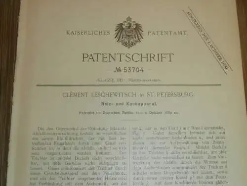 original Patent - Clément Leschewitsch in St. Petersburg / Russland , 9.10.1889 , Heiz- und Kochapparat , Heizungsbau !!