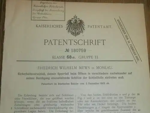 original Patent - Friedrich Mews in Moskau i. Russland , 3.12.1905 , Schloss , Sicherheitsschloss !!