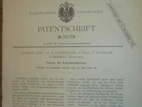 original Patent - Gustav List und A. Hamburger in Fa. Schwalbe in Moskau i. Russland , 10.05.1884 , Bürsten !!