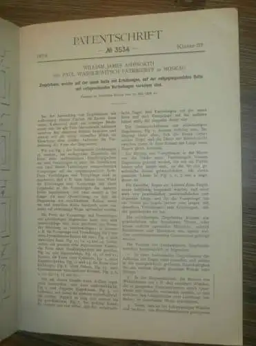 original Patent - William Ashworth und Paul Patrikefeff in Moskau i. Russland , 21.05.1878 , Ziegelstein , Bau !!