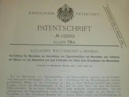 original Patent - Alexander Wictorsohn in Moskau i. Russland , 3.06.1900 , Cigaretten-Hülsen , Zigaretten !!