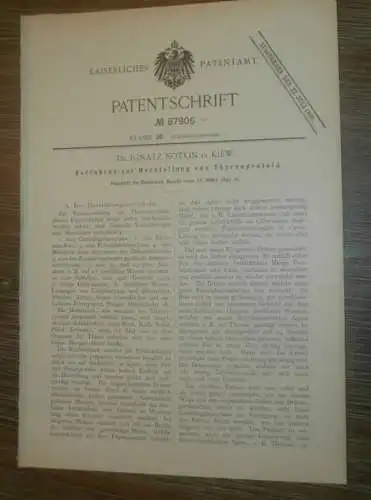 original Patent - Dr. Ignatz Notkin in Kiew i. Russland , 16.03.1895 , Herstellung von Thyreoproteid , Nitrat !!