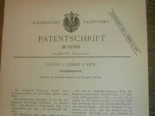 original Patent - Gustav von Lembke in Kiew i. Russland , 16.04.1886 , Lichtpausapparat , Photographie !!