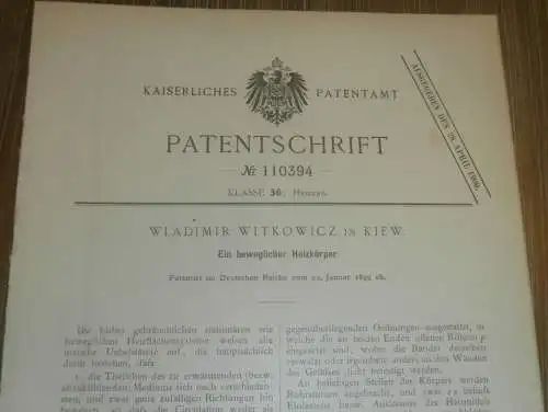 original Patent - Wladimir Witkowicz in Kiew i. Russland , 22.01.1899 , Heizkörper , Heizungsbau !!