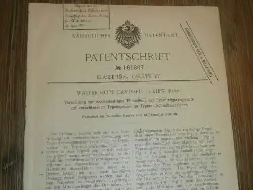 original Patent - Walter Hope Campbell in Kiew i. Russland , 19.12.1903 , Typenträger , Druckerei !!