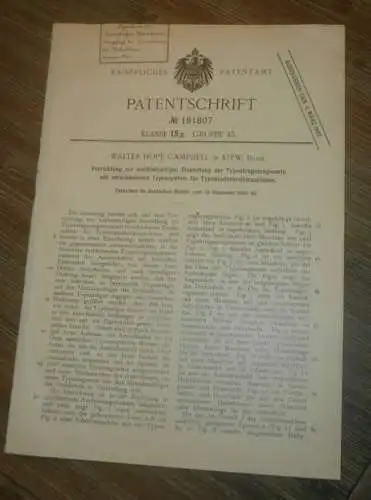 original Patent - Walter Hope Campbell in Kiew i. Russland , 19.12.1903 , Typenträger , Druckerei !!