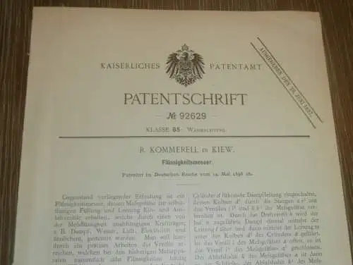 original Patent - R. Kommerell in Kiew i. Russland , 14.05.1896 , Flüssigkeitsmesser , Heizungsbau !!