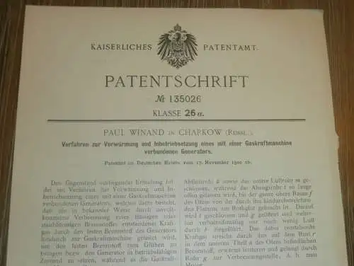 original Patent - Paul Winand in Charkow / Charkiw i. Russland , 17.11.1900 , Vorwärmung für Gasmotor  !!