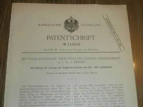 original Patent - Deutsch-Russische Elektricitätszähler GmbH , 14.06.1899 , Laufwerk für Uhren , Russland !!